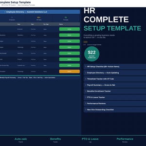Könnte beinhalten: Eine dunkelblaue digitale Vorlage mit dem Titel "HR Complete Setup Template". Die Vorlage enthält ein Mitarbeiterverzeichnis, eine Gehaltsabrechnung und andere HR-Tools. Der Preis beträgt 22 €. Die Vorlage ist für Excel und Google Sheets konzipiert.