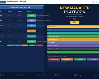 New Manager Playbook Excel | Style Analyzer, First 90 Days, Hard Talk Scripts