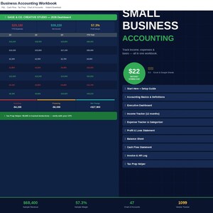 May include: A digital small business accounting workbook with a dark blue background. The workbook includes financial data tables, charts, and the text "Small Business Accounting." It also features a list of accounting tools and a price tag.