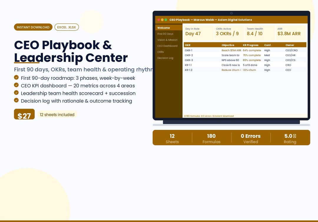 CEO Playbook Excel Template | Leadership Command Center (digital ...