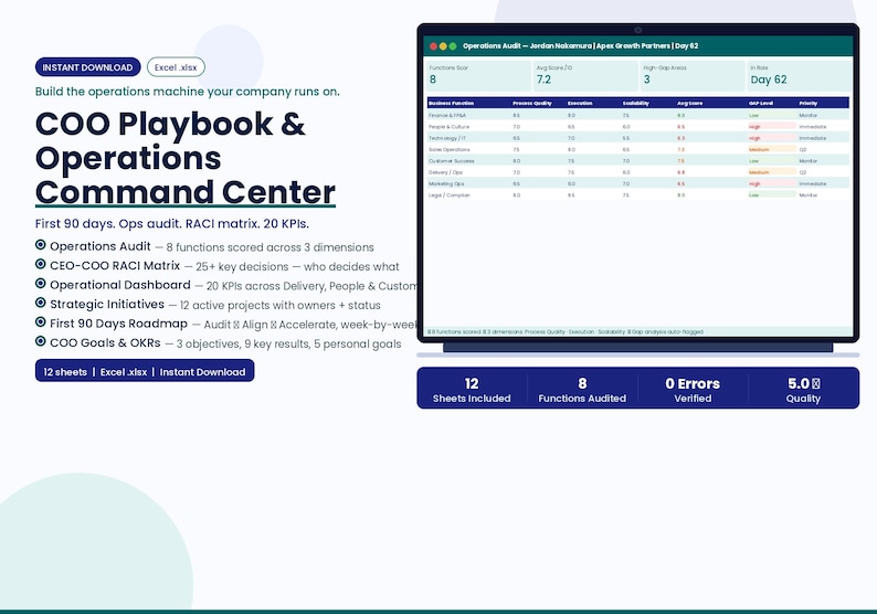 COO Playbook Excel Template | Operations Audit, RACI Matrix (digital ...