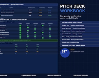 Pitch Deck Workbook Excel | Investor Pitch Prep TAM Financials VC Questions | Startup Fundraising