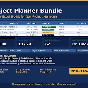 May include: A dark blue digital graphic for a project planner bundle. The text includes "Project Planner Bundle" and "7-Sheet Excel Toolkit for Non-Project Managers." The graphic includes a task list, budget, and status indicators.