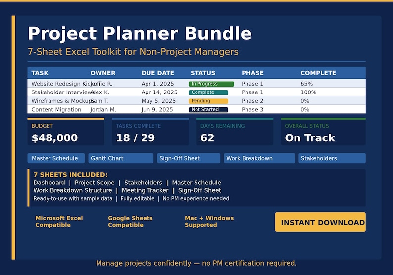 May include: A dark blue digital graphic for a project planner bundle. The text includes "Project Planner Bundle" and "7-Sheet Excel Toolkit for Non-Project Managers." The graphic includes a task list, budget, and status indicators.