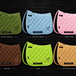 May include: Six quilted saddle pads in olive green, pacific blue, baby pink, coffee, lime, and butter scotch. Each pad features a diamond-stitched pattern, a black trim, and an embroidered horse logo with the text Equestrian Force.