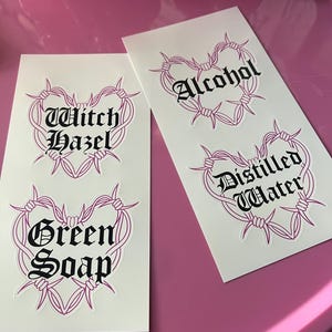 Tattoo artist stickers for tattoo bottles, green soap, witch hazel, distilled water, alcohol afbeelding 1