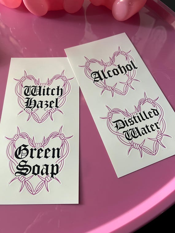 Tattoo artist stickers for tattoo bottles, green soap, witch hazel, distilled water, alcohol