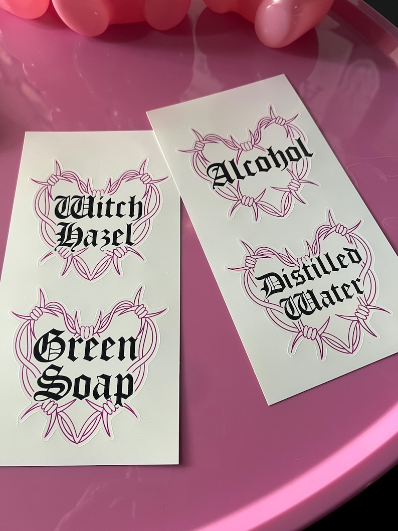 Tattoo artist stickers for tattoo bottles, green soap, witch hazel, distilled water, alcohol afbeelding 1