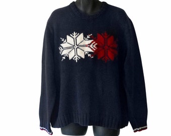 Vintage 90s Tommy Hilfiger Crewneck Pullover Snowflakes Sweater - Cotton (Men's Size XL)