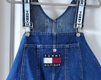 Vintage 90s Tommy Hilfiger Baggy Denim Bib Overalls Men Spellout Strap Streetwear XL