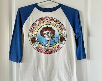Vintage 70s Grateful Dead Bertha Skeleton Roses Cropped Raglan Shirt Men’s Small