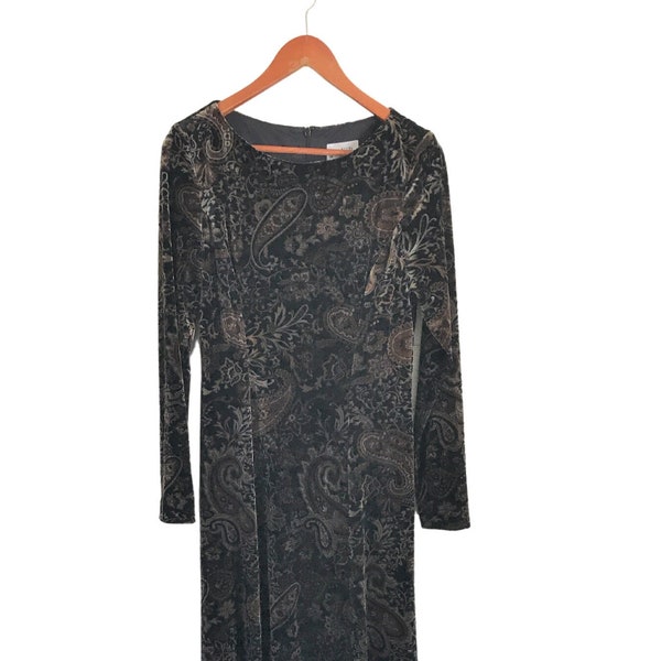 Vintage 90s Coffee Brown Velvet Paisley Dress (Size Women's Medium)