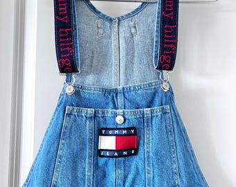 Vintage 90s Tommy Jeans Spellout Overalls Men’s Small Baggy Denim Bibs Tommy Hilfiger 90s