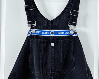 Y2K Tommy Hilfiger Baggy Black Denim Overalls Mens Large Logo