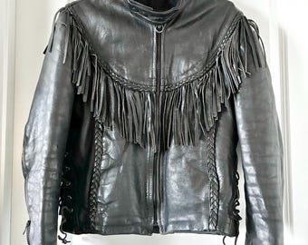 Vintage Fringe Black Leather Motorcycle Jacket Biker Insulated (Women's Size 12)