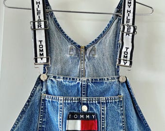 Vintage 90s Tommy Hilfiger Carpenter Baggy Denim Bib Overalls Spellout Strap | Streetwear Baggy Jeans Baggy Pants Multiple Sizes