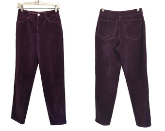 Pantalones vintage de terciopelo morado de los años 90, con pernera cónica (talla 2 para mujer)