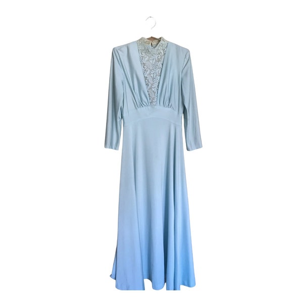 Vintage 1970s Light Blue Bohemian Maxi Dress With High Lace Neck (Women's Modern Size 10)