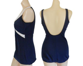 Vintage Figure Flattering One Piece Pinup Bathing Suit - Blue and White (Women's Size 12)