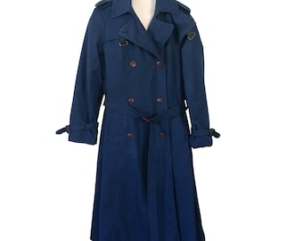Vintage Blue Trench Coat Women’s 10 • 80s/90s Classic Belted Long Coat • Double Breasted Midi Length • Fully Lined Timeless Outerwear