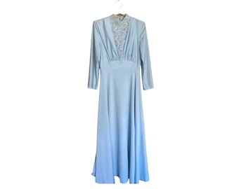 Vintage 1970s Light Blue Bohemian Maxi Dress With High Lace Neck (Women's Modern Size 10)