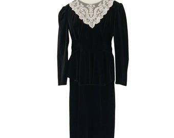 Vintage Black Velvet and Lace Peplum Dress (Women's Size Small)