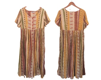 Vintage Yellow Cotton Maxi Dress - Loose and Flowy (Women's Size Medium)