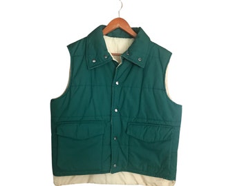 Retro Vintage Green and Beige Reversible Winter Vest (Men's Size Large)