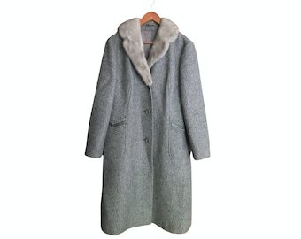 Moessmer - 1980s Grey Tweed Coat / Long Wool Coat Women / Womens