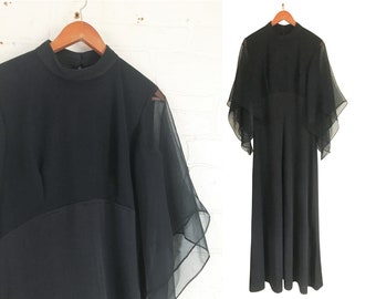 Vintage 1960s Black Evening Dress - Angel Sleeves (Women's Size 10)