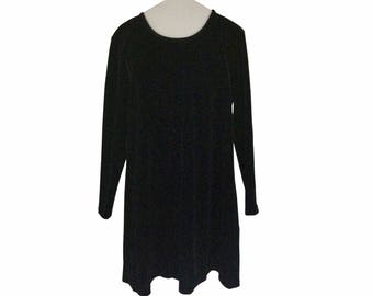 Vintage 90s Black Velour Velvet Dress - Long Sleeve (Women's Size Medium)