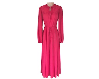 Vintage 1970s Keyhole Maxi Dress - Hot Pink With Long Sleeves (Women's Size XS)