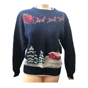 1980 年代のヴィンテージ厚手ウール クリスマス セーター - サンタとトナカイ (レディース サイズ S)