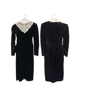 Vintage Black Velvet and Lace Peplum Dress (Women&#39;s Size Small)
