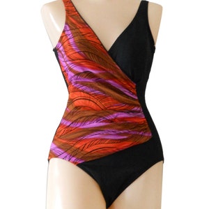 Vintage Black Wrap One Piece Swimsuit Small Abstract Print Slimming Crossover Bathing Suit