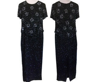 Vestido de cóctel vintage de seda con lentejuelas negras (talla 14 para mujer)