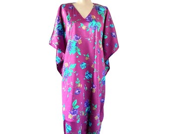 Vestido caftán muumuu vintage de satén fucsia con estampado floral (talla única para mujer)