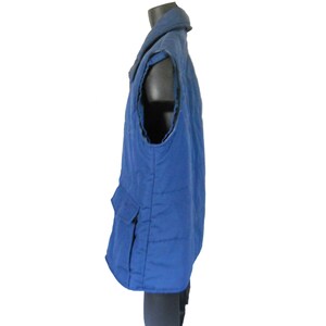 May include: A blue quilted vest with a zipper closure and a large pocket on the front.