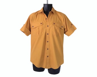Vintage 1950s Gold Short Sleeve Button-Front Shirt | Men's Midcentury Workwear Style | Classic Cotton Shirt