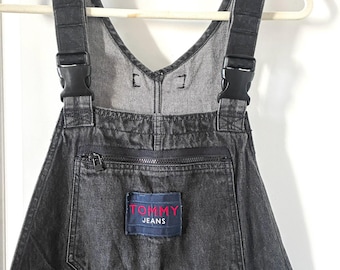 1990s Tommy Hilfiger Black Denim Overalls Baggy 90s Logo Zip Bib Pocket Men's Large Rare
