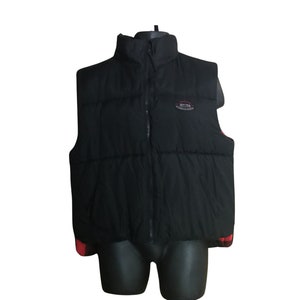 Vintage Puffy Ski Vest - Black Nylon and Red Buffalo Plaid (Men's Size Medium)
