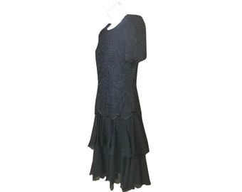 Vintage Black Silk Cocktail Dress With Flounce Skirt (Women's Size 6)