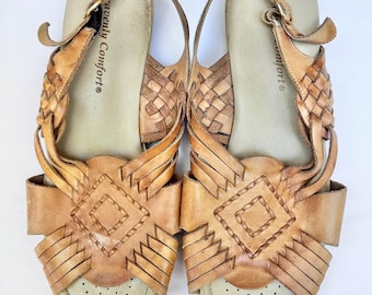 Vintage Mexican Leather Huarache Sandals | Woven Leather Comfort Sandals Women's Size 9.5-10 | Boho Artisan Made in Mexico