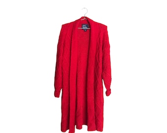 Vintage Long Red Cardigan - With Pockets! (Size Women's Medium)