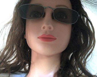 Vintage Y2K Narrow Sunglasses - Square With Silver Metal Frame Brown Lenses