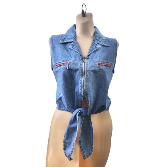 Vintage 90s Tie Front Chambray Crop Top - Deadsto… - image 1