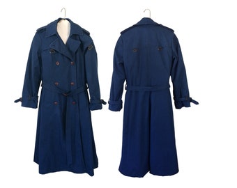 Capsule Wardrobe Item: Vintage Classic Long Blue Trench Coat With Belt - Double Breasted (Women's Size 10)