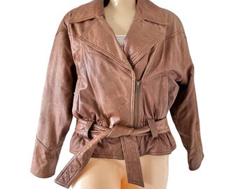 Vintage Short Brown Leather Jacket With Tie (Women's Size Small)