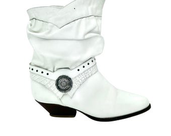Vintage 80s White Leather Western Cowgirl Boots With Silver Concho (Women's Size 7)