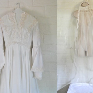 Unique Vintage 1960s White Satin Wedding Gown With Gorgeous Beaded Detailing - Comes with Veil (Women&#39;s Size Small)